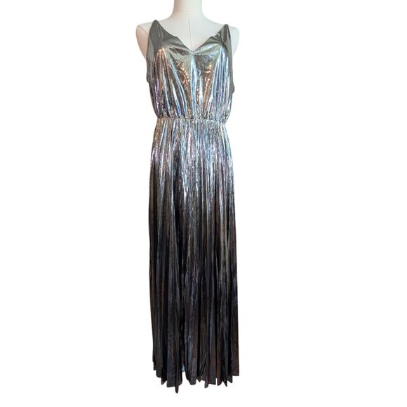 All Saints Spark Metallic Pleated Maxi Dress Silver Size Medium - Picture 1 of 12